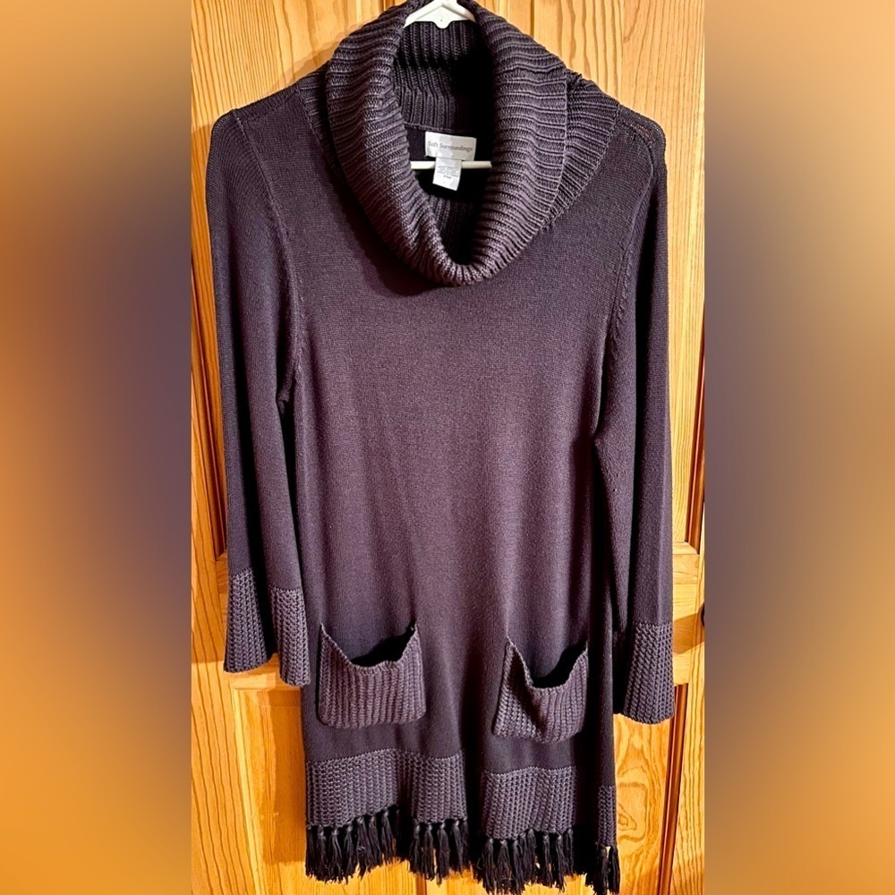 Soft Surroundings Montreux Navy Blue Cowl Neck Fringe Sweater Dress Tunic PM Boh